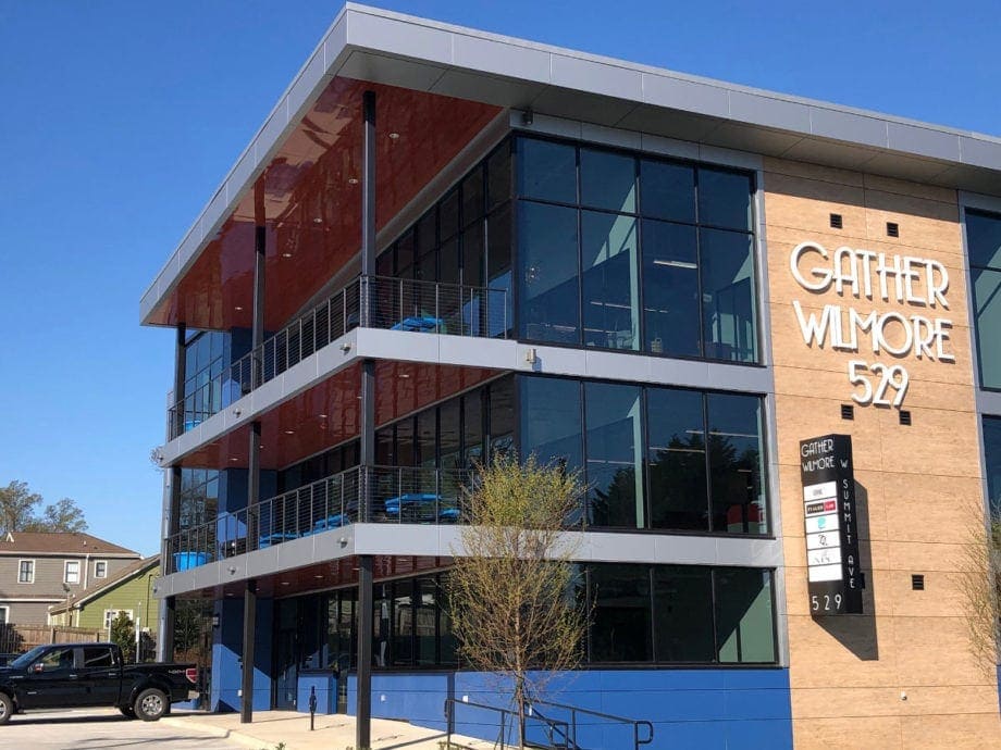 Gather Wilmore Office Space in Charlotte, North Carolina with Fundermax's Max Compact Exterior panels.