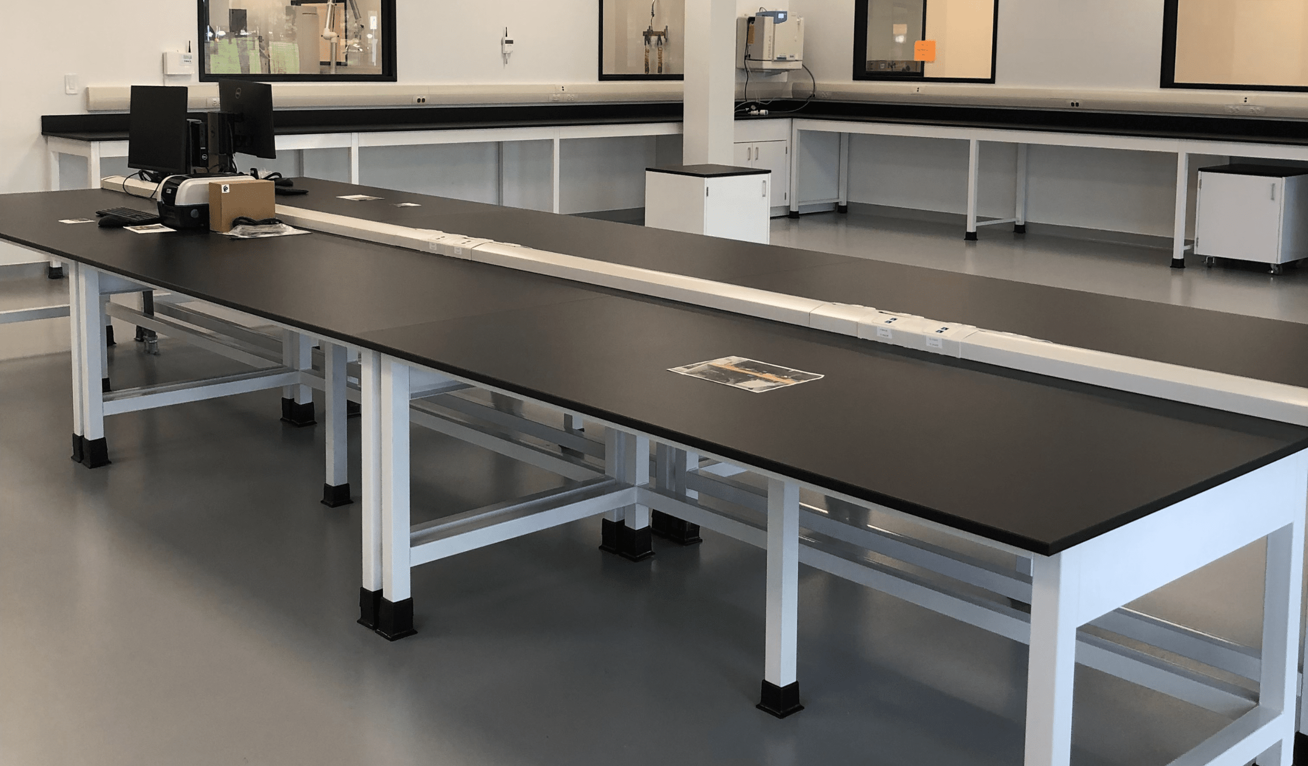 Max Resistance2 laboratory work surface panels from Fundermax with Deep Black #0082 decor for the CellCarta in Naperville, Illinois.