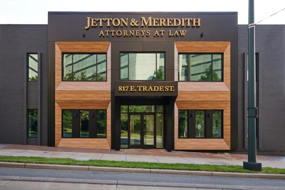 Black and Creek Larch Fundermax exterior HPL panels featured at Jetton & Meredith Law Office in Charlotte, NC