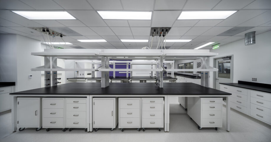 Modern laboratory workstation with Fundermax surface panels in Deep Black, featuring a spacious work area, storage cabinets, and advanced equipment for scientific research and testing